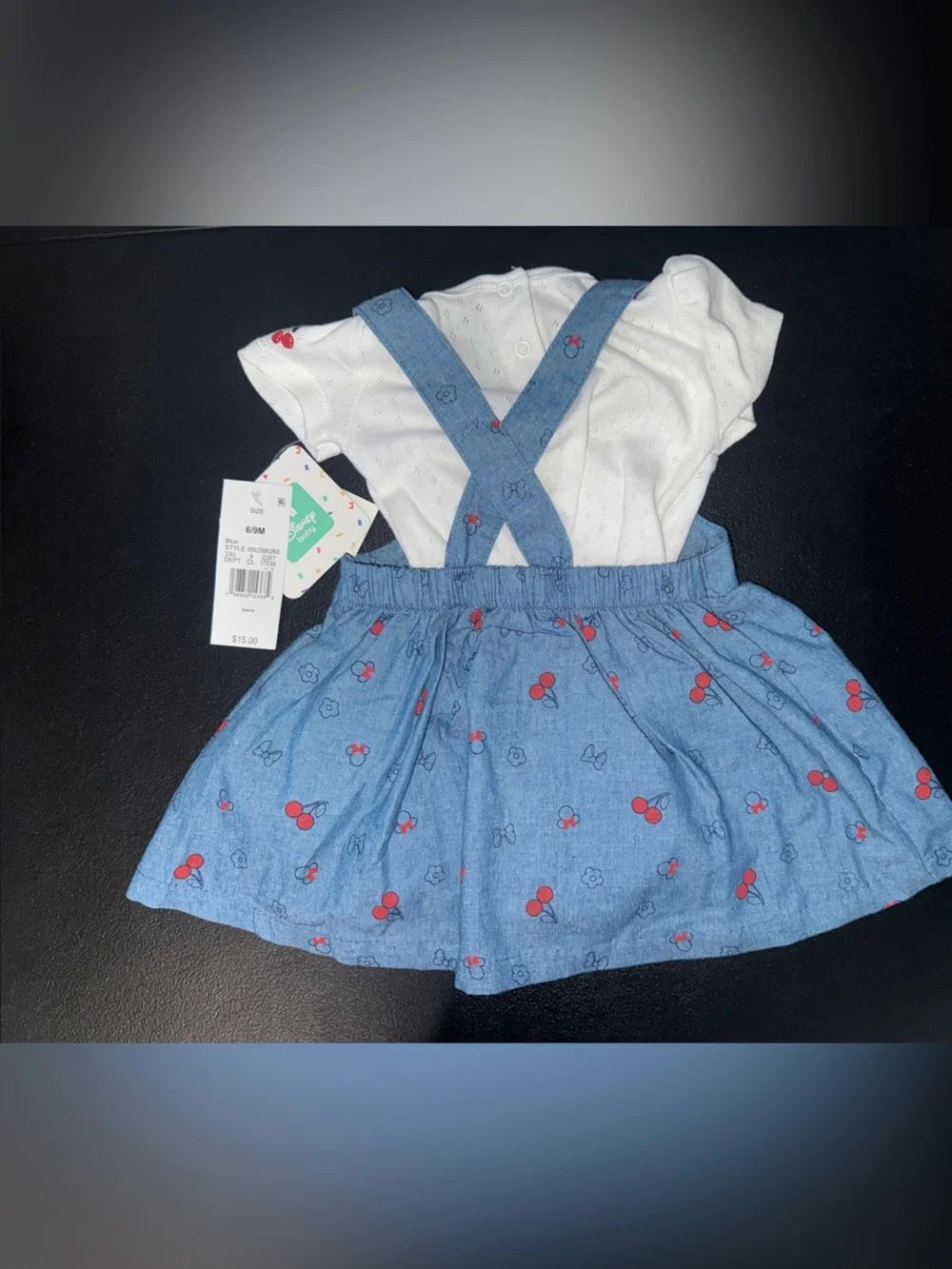 Disney Blue Denim-Look Cherry Pinafore with White Onsie